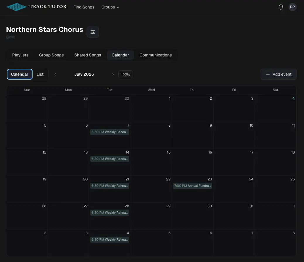 The group calendar tab showing a month grid of rehearsals and events.