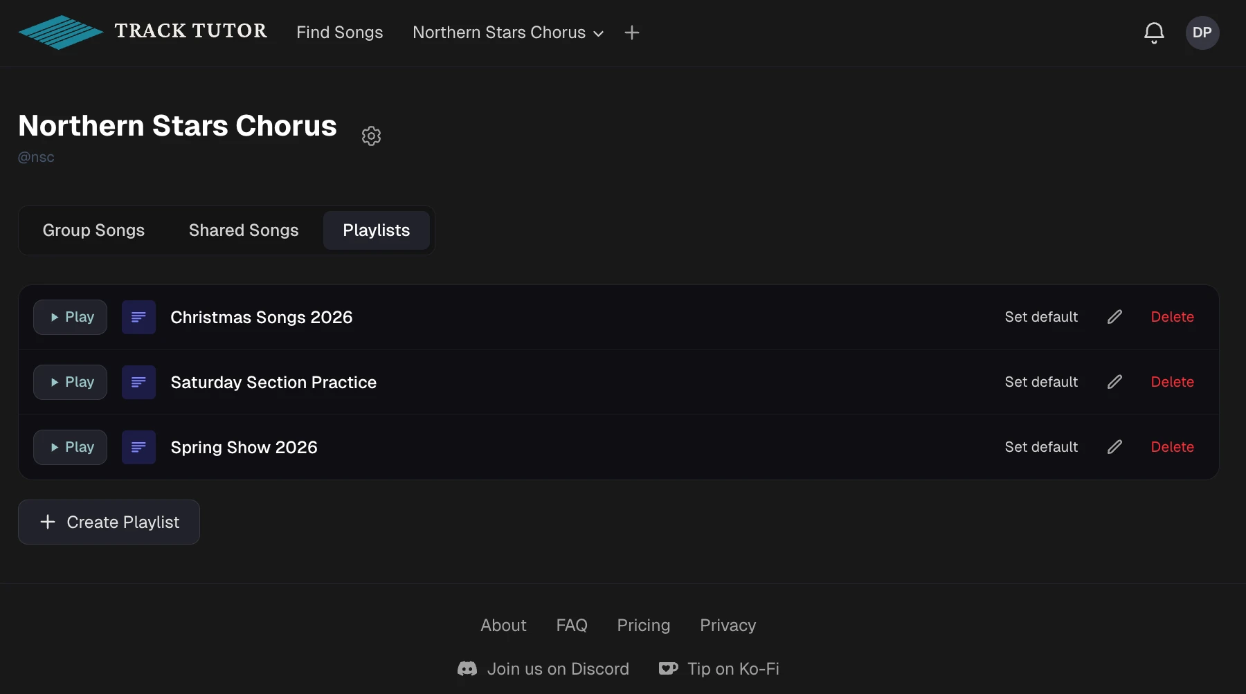 A group's playlist tab showing several playlists with default and visibility indicators.