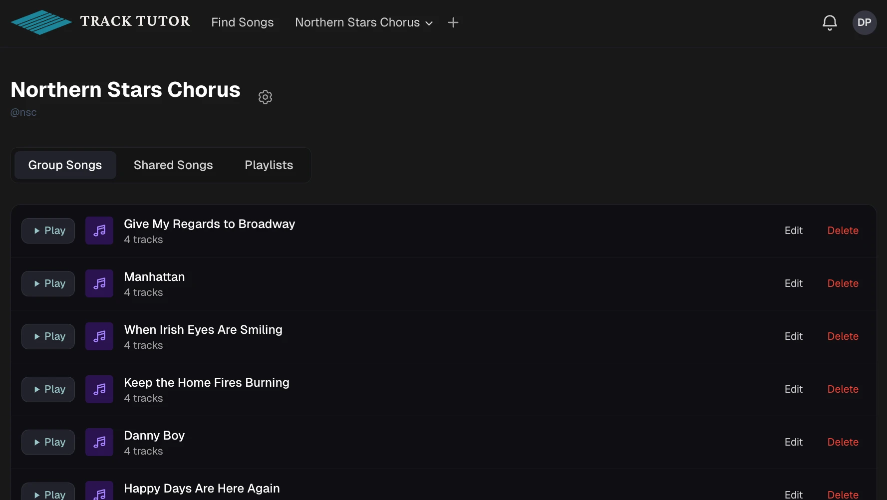 A group's song library in Track Tutor, each song with its part tracks listed.