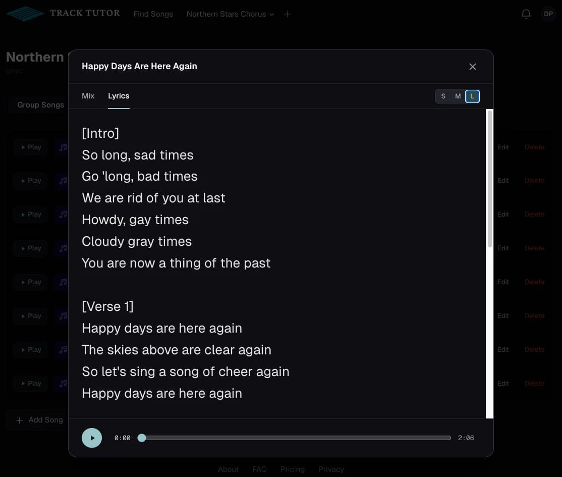 The Lyrics tab in the player, with adjustable font size for stand or screen reading.