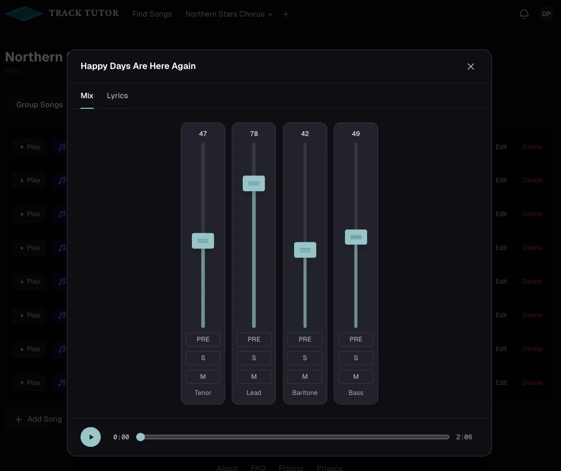 The Track Tutor multitrack player with six channel strips, each with its own fader, mute, solo, and PRE controls.