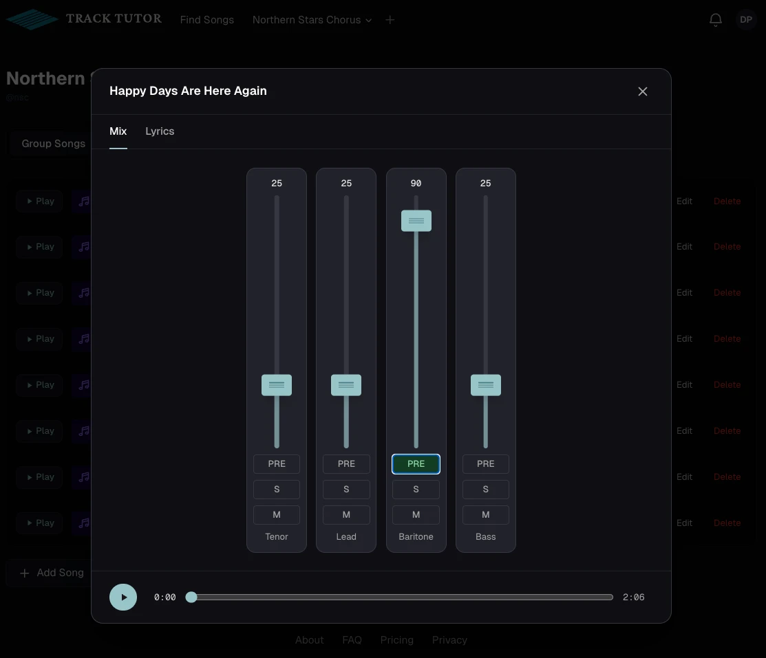 The PRE button active on one channel strip — that track is boosted while the rest are tucked back.