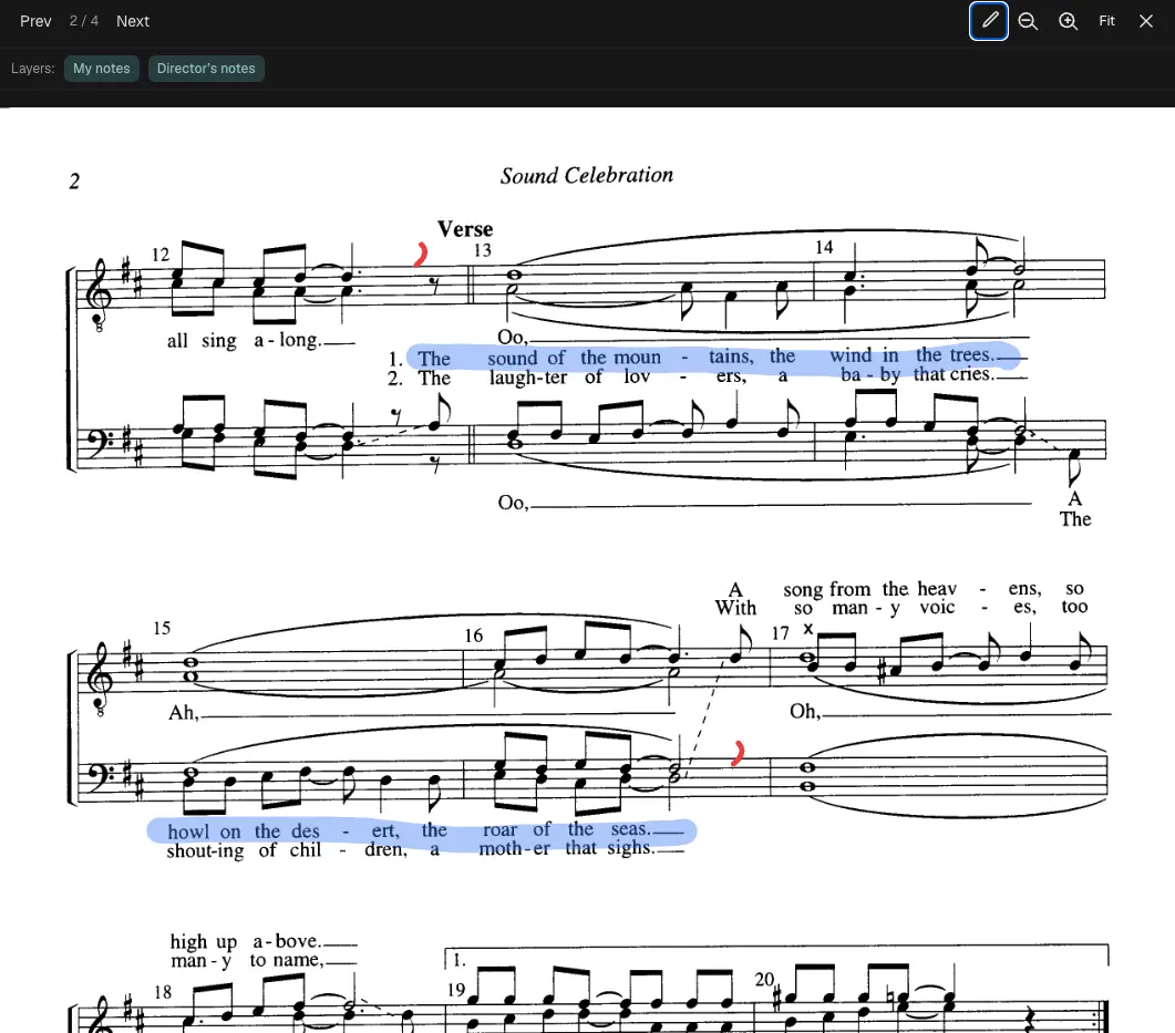 The full-screen sheet-music view with pen and highlighter markup over the score.